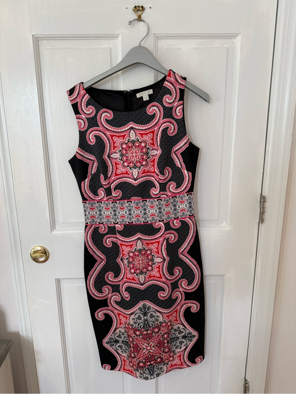 New York & Company Black Dress with Pink and Red Medallion Pattern